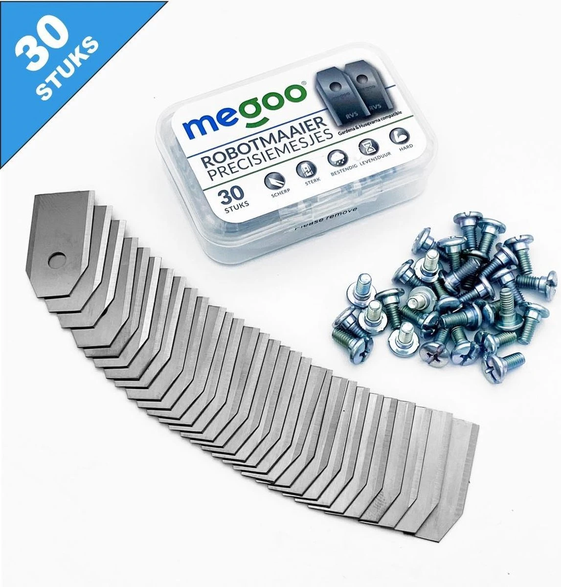 Mesjes Voor Husqvarna Automower - Reservemessen Voor Gardena Robotmaaier - 30st - RVS - Plastic Box - Megoo® 3 Mesjes Voor Husqvarna Automower - Reservemessen Voor Gardena Robotmaaier - 30st - RVS - Plastic Box - Megoo®