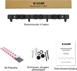 Volcan Bezemhouder - Bezem Ophangsysteem Tuingereedschap - Gereedschapshouder - Zelfklevend - 3M Tape - 3 Houders 4 Haken - RVS Zwart -Tuingereedschap Winkel 1200x1117