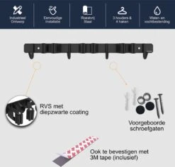 Volcan Bezemhouder - Bezem Ophangsysteem Tuingereedschap - Gereedschapshouder - Zelfklevend - 3M Tape - 3 Houders 4 Haken - RVS Zwart -Tuingereedschap Winkel 1200x1148