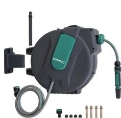 VONROC Automatische Slanghaspel – Incl. 25m Tuinslang, Aansluitslang, Spuitstuk, Koppelingen & Kraanaansluiting -Tuingereedschap Winkel 1200x1170 2
